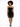 A model poses in a strapless black dress featuring gold zipper details and side slits, complemented by black heels.