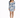 A woman stands in a fitted dress with puffed sleeves, featuring a blue floral pattern on a white background.