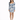 A woman stands in a fitted dress with puffed sleeves, featuring a blue floral pattern on a white background.