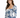 A woman with long hair wears a fitted dress featuring a blue floral pattern and puffed sleeves.
