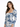 A woman with long hair wears a fitted dress featuring a blue floral pattern and puffed sleeves.