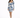 A model poses in a fitted dress with a floral blue and white pattern, featuring puffed sleeves and a square neckline.