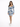 A model poses in a fitted dress with a floral blue and white pattern, featuring puffed sleeves and a square neckline.