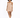 A model poses in a fitted, ribbed, beige dress paired with white sneakers against a plain background.