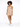 A model poses in a fitted, ribbed, beige dress paired with white sneakers against a plain background.