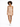 A model poses in a fitted, ribbed, beige dress paired with white sneakers against a plain background.