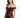 A woman poses in a fitted black dress with pink floral patterns and ruffled off-the-shoulder sleeves.