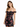 A woman poses in a fitted black dress with pink floral patterns and ruffled off-the-shoulder sleeves.