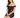A woman sits on a white stool, wearing a fitted black dress with floral patterns and off-the-shoulder sleeves.