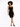 A woman with curly hair poses in a fitted black dress and high heels against a plain white background.