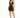 A woman poses in a fitted black dress with gold stripes, paired with black high heels and wavy hair.