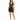 A woman poses in a fitted black dress with gold stripes, paired with black high heels and wavy hair.