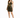 A woman poses in a fitted black dress with gold stripes, featuring a deep V-neck and halter straps.