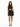 A model poses in a black, sparkly halter dress featuring a cutout detail and a flared hemline.