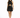 A model showcases a sleeveless black dress with a cutout design and a flared skirt, paired with strappy heels.