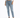 A person wearing light blue high-waisted jeans and gray fuzzy slides, standing against a plain white background.