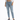 A person wearing light blue high-waisted jeans and gray fuzzy slides, standing against a plain white background.