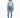A model wearing a light blue cropped long-sleeve top paired with high-waisted denim jeans and white sandals.