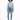 A model wearing a light blue cropped long-sleeve top paired with high-waisted denim jeans and white sandals.