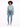 A model wearing a light blue cropped long-sleeve top paired with high-waisted denim jeans and white sandals.