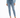 A person wearing a cropped blue top and high-waisted light blue jeans, paired with white slide sandals.