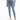 A person wearing a cropped blue top and high-waisted light blue jeans, paired with white slide sandals.