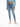 A person wearing a cropped blue top and high-waisted light blue jeans, paired with white slide sandals.