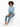 A model with curly hair sits on a white cube, wearing a light blue cropped sweatshirt and blue jeans.