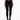A model wearing a fitted black bodysuit and skinny black jeans, paired with black sneakers.