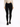 A model wearing a fitted black bodysuit and skinny black jeans, paired with black sneakers.
