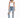 A model poses in a white tank top and distressed blue jeans, paired with white sneakers featuring pink accents.