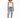 A model poses in a white tank top, distressed light blue jeans, and colorful sneakers against a plain background.