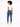 A model with curly hair wears a fitted white top and blue skinny jeans, paired with white sneakers, facing away.