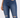 Close-up of a person wearing dark blue ripped jeans with a high waist and a hand in the pocket.