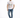 A young man wearing a white graphic t-shirt with a lion design, paired with distressed blue jeans and white sneakers.