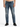 Fitted blue denim jeans with subtle fading and distressed details, paired with black sneakers.