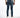 A person wearing distressed blue jeans with a slim fit, showing back pockets and a zipper detail.