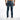 A person wearing distressed blue jeans with a slim fit, showing back pockets and a zipper detail.