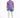 A man stands wearing a purple t-shirt and light blue jeans with a tie-dye pattern, paired with white sneakers.