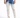 Light-wash jeans with a distressed design and blue tie-dye effect, paired with a purple shirt and white sneakers.