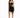 A model poses in a fitted black dress with sheer panels and cut-out details, complemented by high heels.