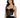A model wearing a black corset-style top with sheer panels and adjustable straps, paired with a fitted black skirt.