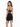 A model poses in a fitted black crop top with adjustable straps and a matching mini skirt featuring drawstring details.