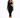 A model poses in a fitted black dress with a unique cutout design and one long sleeve, paired with strappy heels.