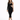 A model poses in a fitted black dress with a unique cutout design and one long sleeve, paired with strappy heels.