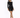 A model poses in a fitted black sequined dress with long sleeves, paired with black high-heeled shoes.