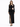 A model poses in a black long-sleeve dress featuring cutouts and a thigh-high slit, paired with black heels.