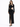 A model showcases a fitted black dress with long sleeves, cut-out details, and a thigh-high slit.