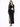 A fitted black dress with long sleeves, side cutouts, and a thigh-high slit, paired with black heels.