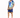A man stands wearing a colorful short-sleeve shirt with a tropical design and matching blue shorts.